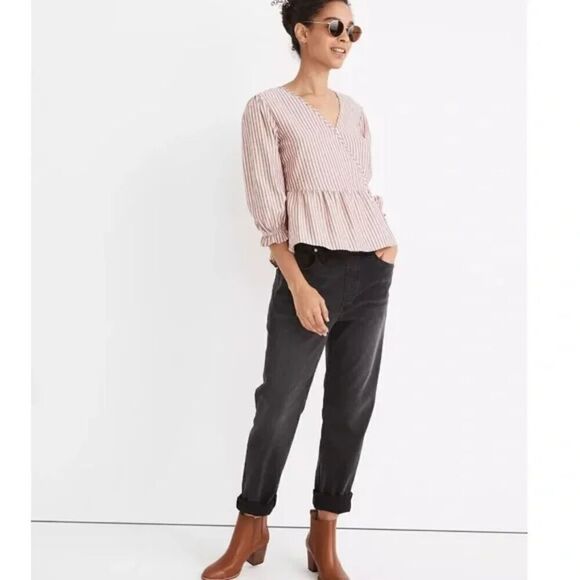 Madewell Dusty Pink w/Grey Stripes Cotton Tie Wrap Blouse size Large - Picture 2 of 6